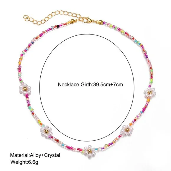 Y2K White Beaded Pearl Daisy Flower Unisex Choker Necklace NEW - Picture 4 of 6